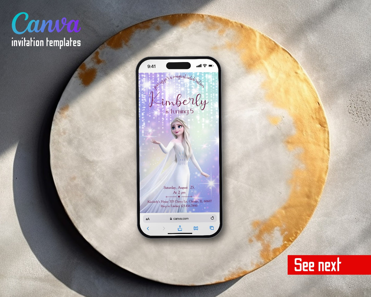 Frozen Elsa White Dress Sparkle Video Birthday Invitation | Animated Evite | Editable Canva