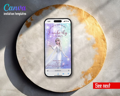 Frozen Elsa White Dress Sparkle Video Birthday Invitation | Animated Evite | Editable Canva