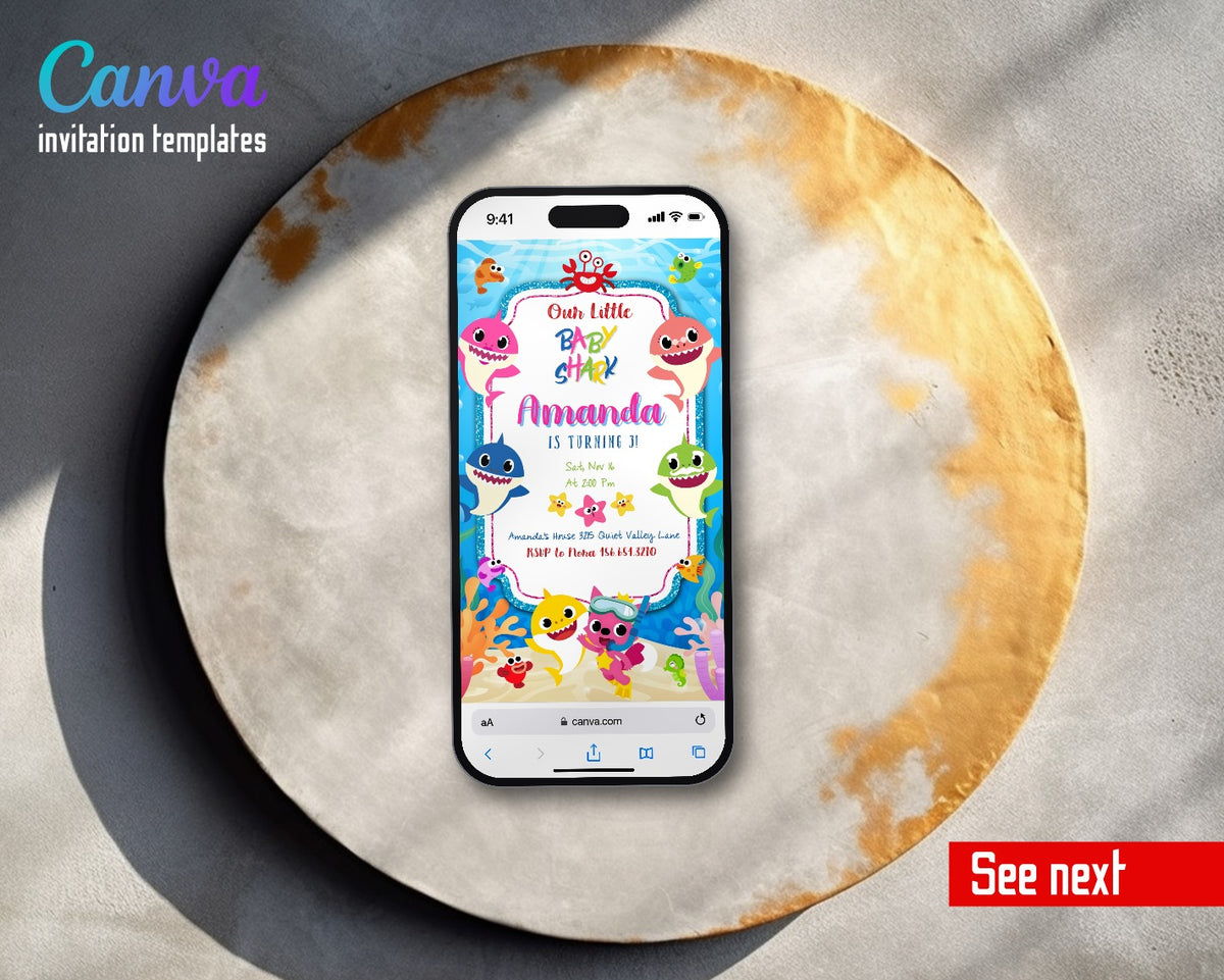 Baby Shark Glitter Frame Underwater Video Birthday Invitation | Animated Evite | Editable Canva