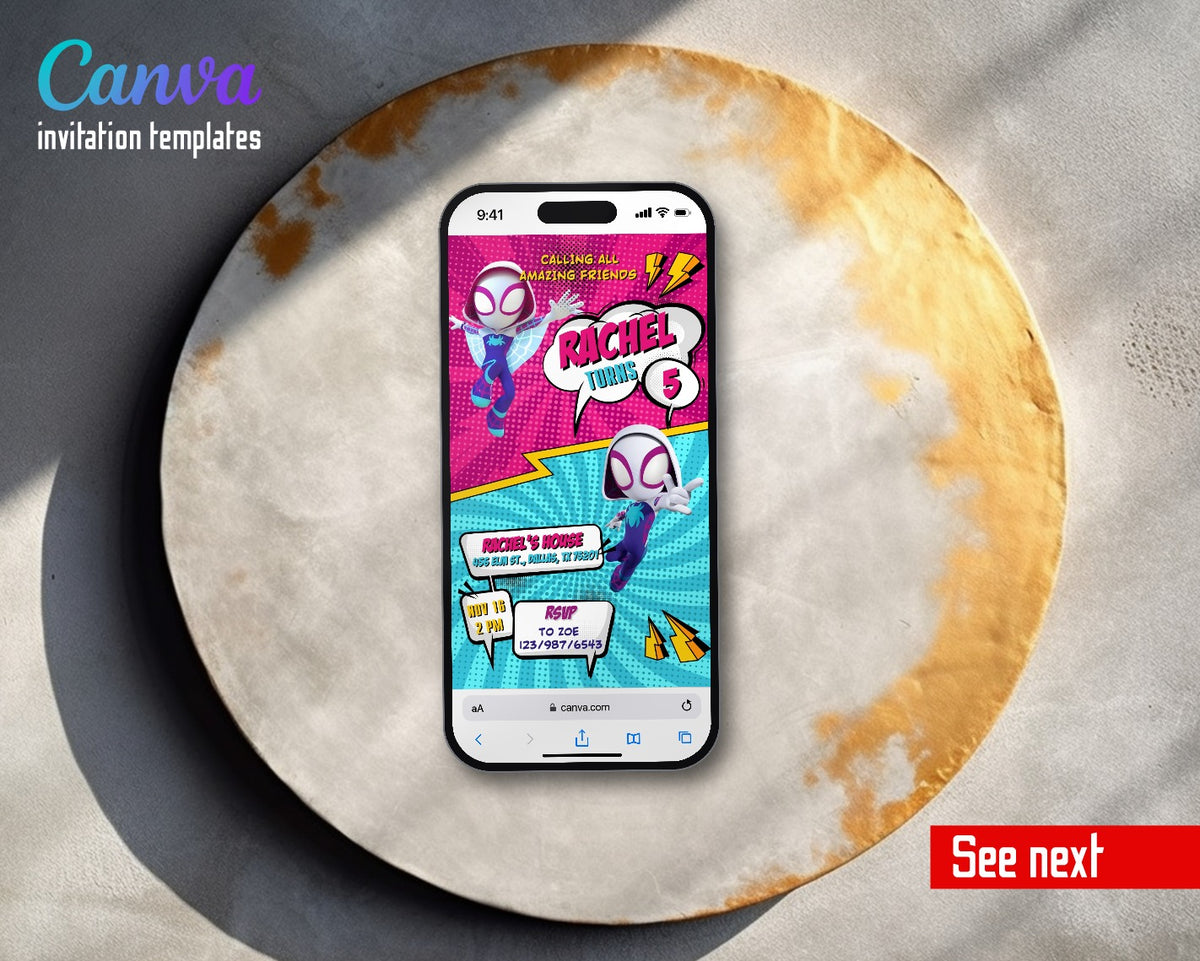 Spider Gwen Ghost Spidey Comic Pink Video Birthday Invitation | Animated Evite | Editable Canva
