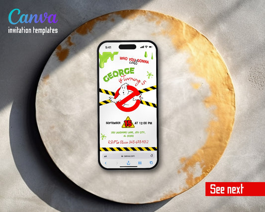 Ghostbusters Caution Tape White Slime Video Birthday Invitation | Animated Evite | Editable Canva