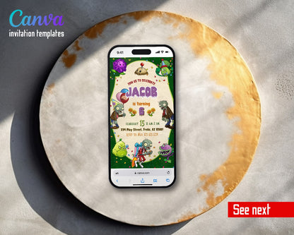 Plants vs Zombies Gamer Garden Party 6th Video Birthday Invitation | Animated Evite | Editable Canva