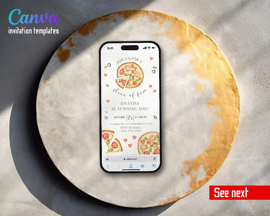 Pizza 1st Party Watercolor Slice Fun Video Birthday Invitation | Animated Evite | Editable Canva