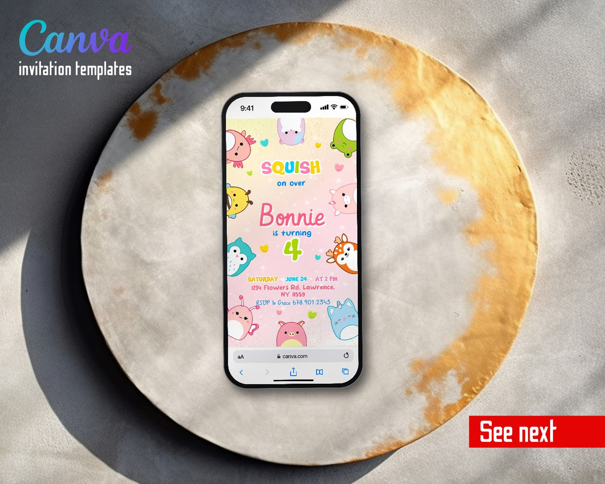 Squishmallows Scattered Squish Pals Video Birthday Invitation | Animated Evite | Editable Canva