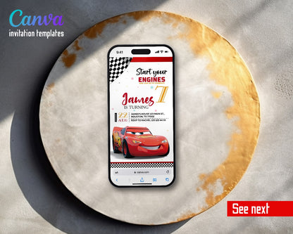 Cars Lightning McQueen Start Your Engines Close Video Birthday Invitation | Animated Evite | Editable Canva
