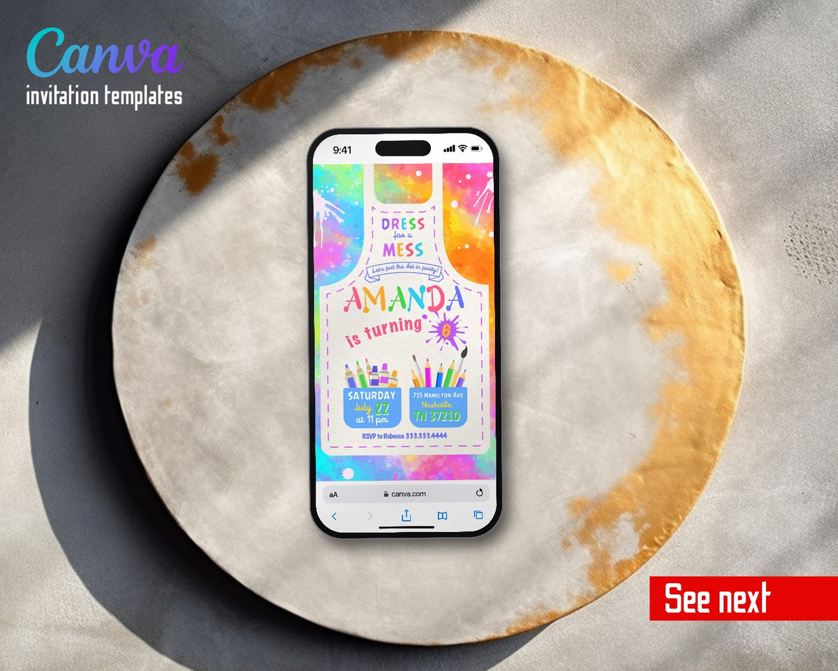 Art Dress For A Mess Tie Dye Apron Video Birthday Invitation | Animated Evite | Editable Canva