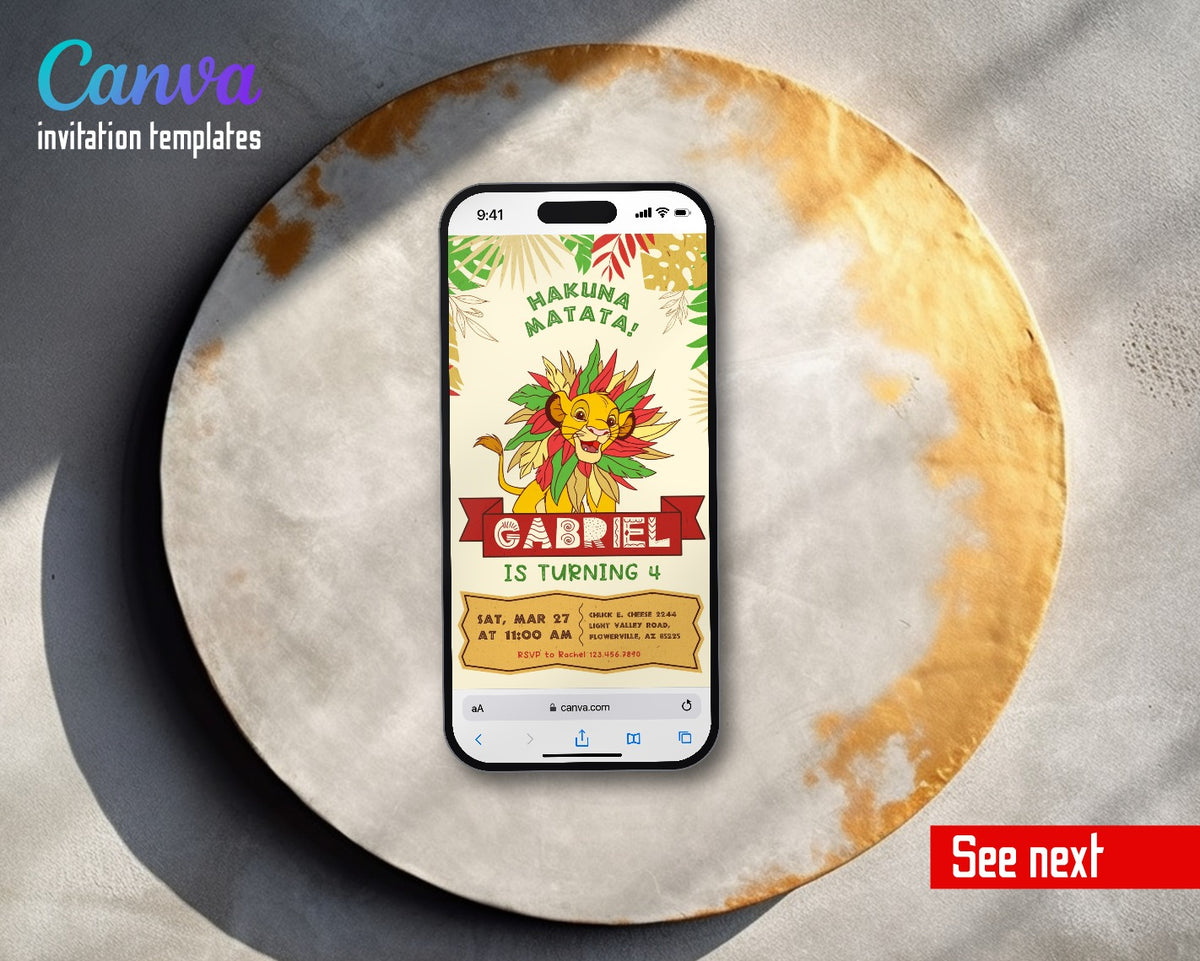 Lion King Simba Hakuna Matata Leaf Mane Video Birthday Invitation | Animated Evite | Editable Canva