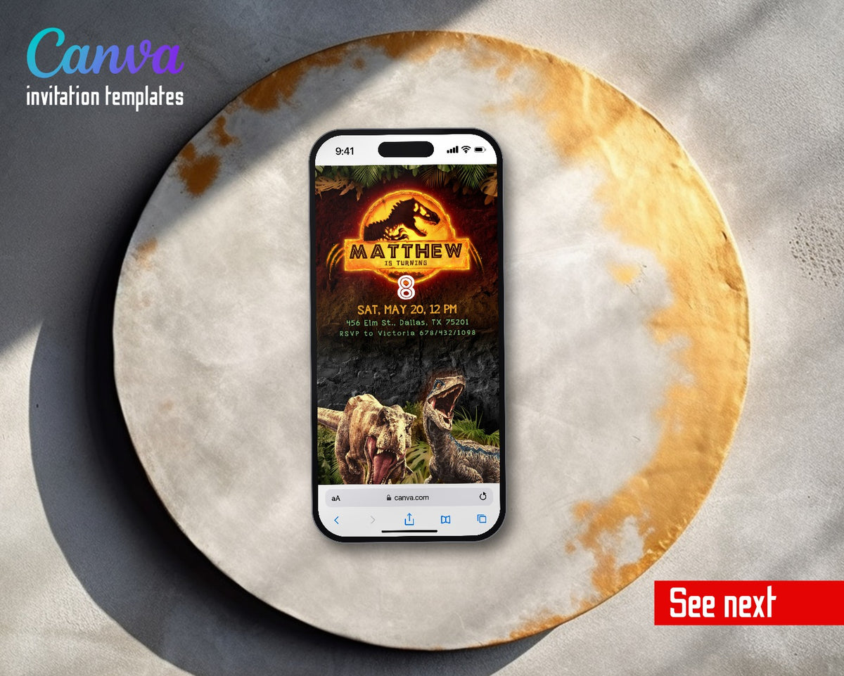 Jurassic World Dinosaur Glowing Orange Logo Jungle Video Birthday Invitation | Animated Evite | Editable Canva