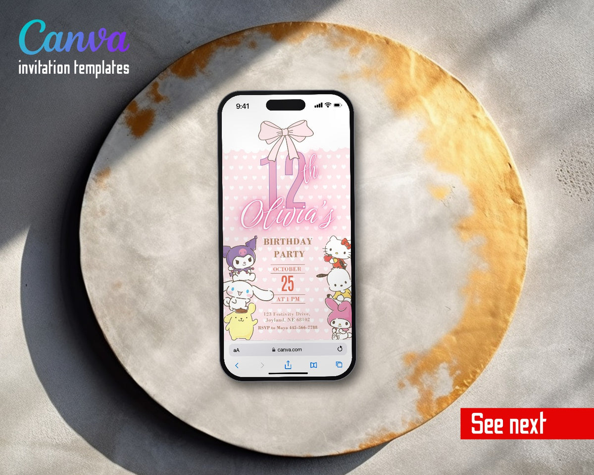 My Melody Hello Kitty Sanrio Pink Bow Polka Video Birthday Invitation | Animated Evite | Editable Canva