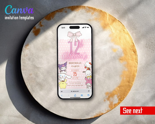My Melody Hello Kitty Sanrio Pink Bow Polka Video Birthday Invitation | Animated Evite | Editable Canva