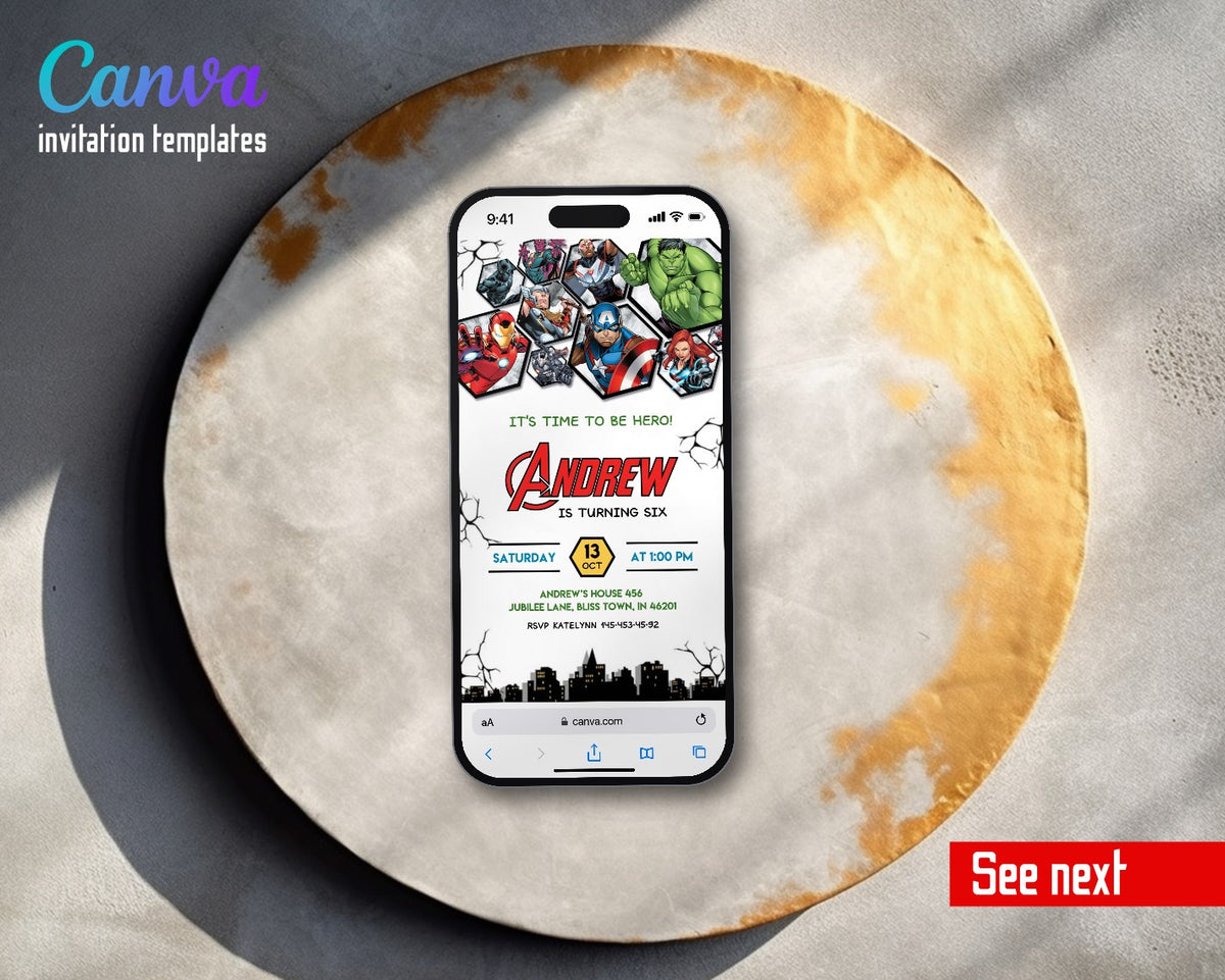 Avengers Hex Heroes Cityscape Video Birthday Invitation | Animated Evite | Editable Canva