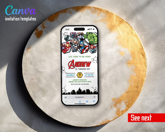 Avengers Hex Heroes Cityscape Video Birthday Invitation | Animated Evite | Editable Canva