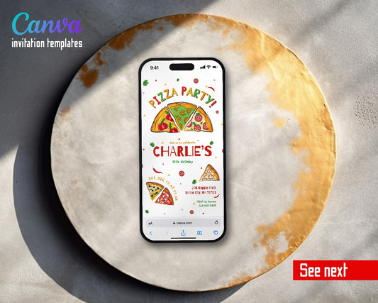 Pizza Party Slices White Video Birthday Invitation | Animated Evite | Editable Canva