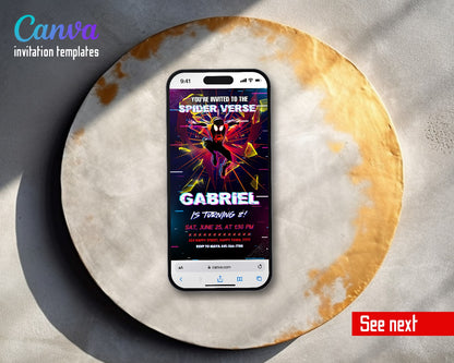 Spider Man Across the Spider-Verse Neon Verse Burst Video Birthday Invitation | Animated Evite | Editable Canva