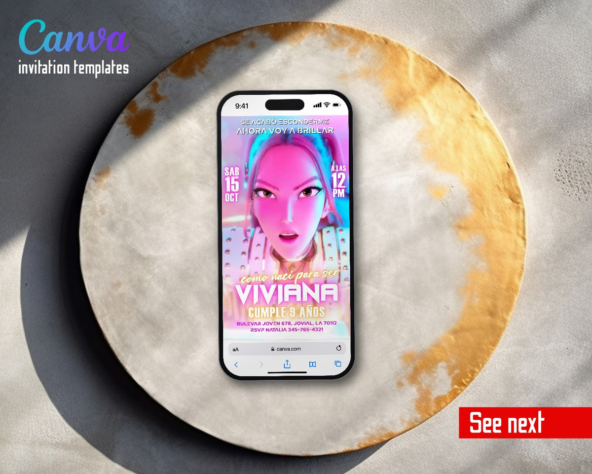 K-pop Demon Hunter Spanish Pink Close-Up Video Birthday Invitation | Animated Evite | Editable Canva