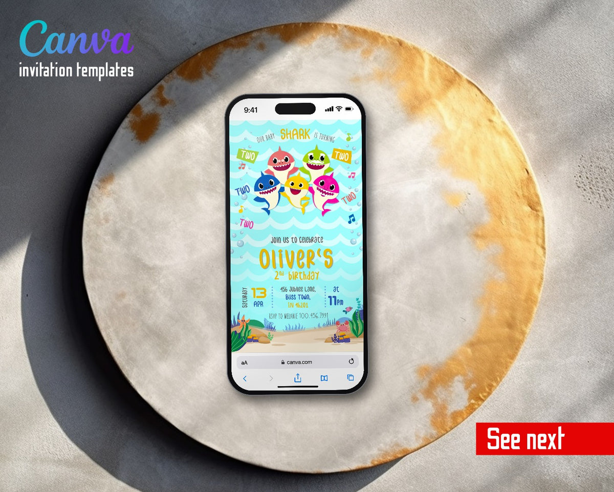 Baby Shark Cartoon Beach Sharks Video Birthday Invitation | Animated Evite | Editable Canva