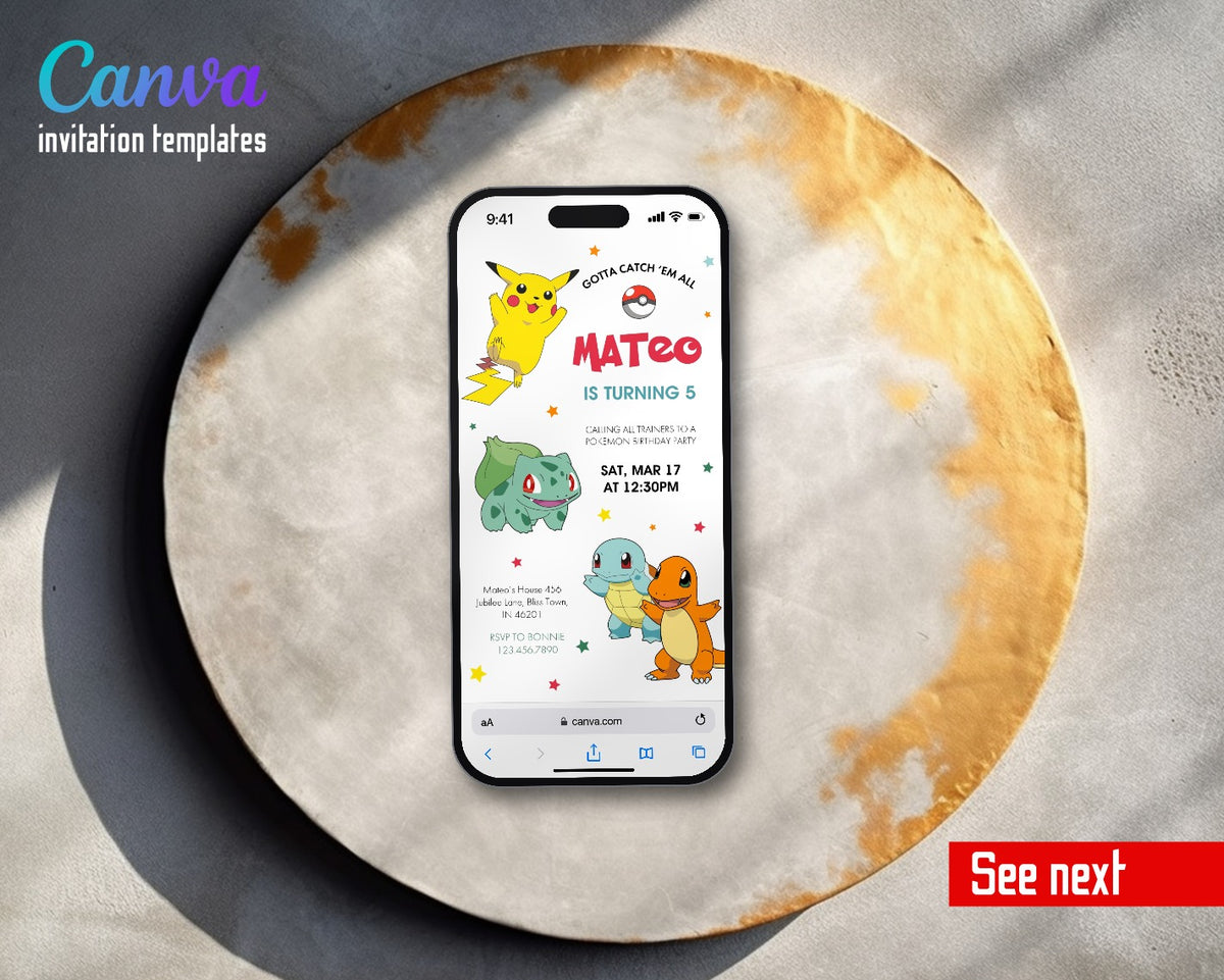Pokemon Pikachu Starter Trio Minimal Video Birthday Invitation | Animated Evite | Editable Canva