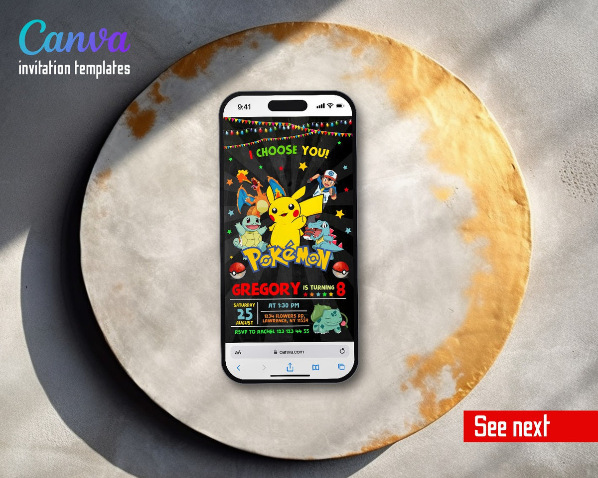 Pokemon Pikachu Chalk Ash Video Birthday Invitation | Animated Evite | Editable Canva