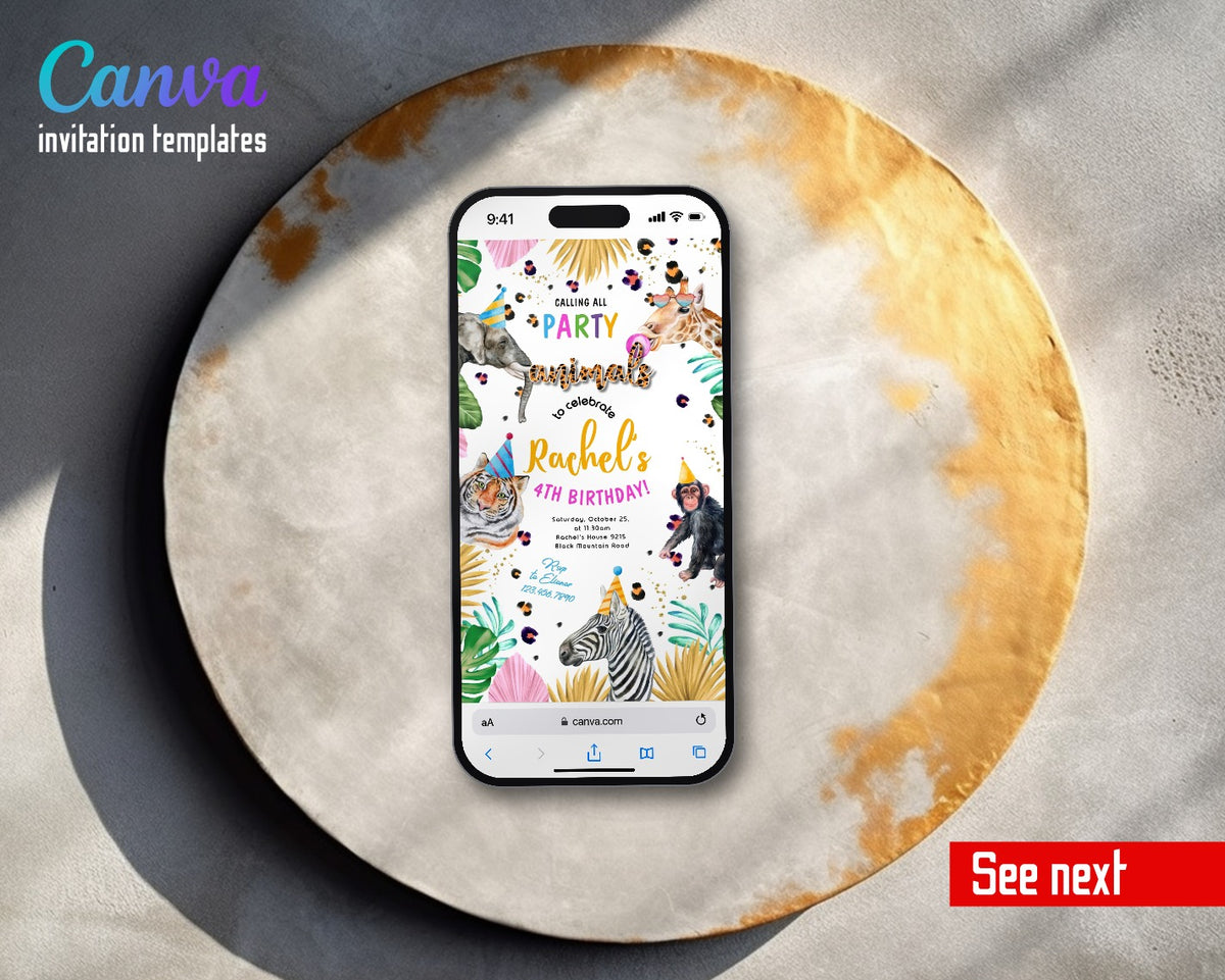 Animals Zoo Safari Party Video Birthday Invitation | Animated Evite | Editable Canva