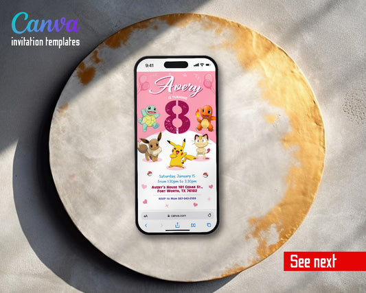 Pokemon Pikachu Pink Eevee Meowth Video Birthday Invitation | Animated Evite | Editable Canva