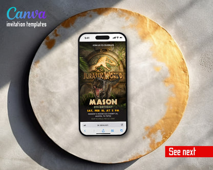 Jurassic World Rebirth Dinosaur Golden Temple T-rex Video Birthday Invitation | Animated Evite | Editable Canva