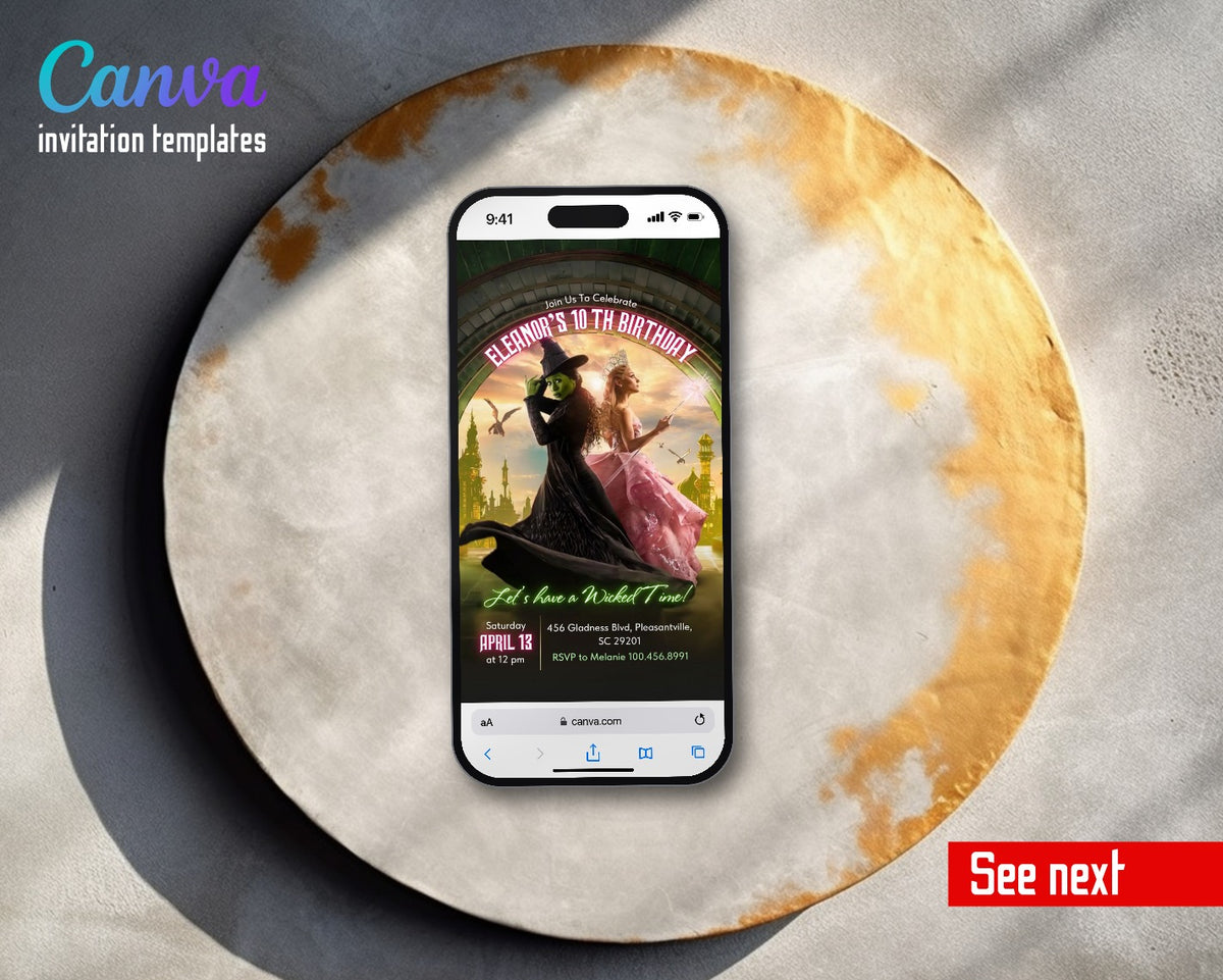 Wicked Musical Movie Emerald Arch Curved Video Birthday Invitation | Animated Evite | Editable Canva