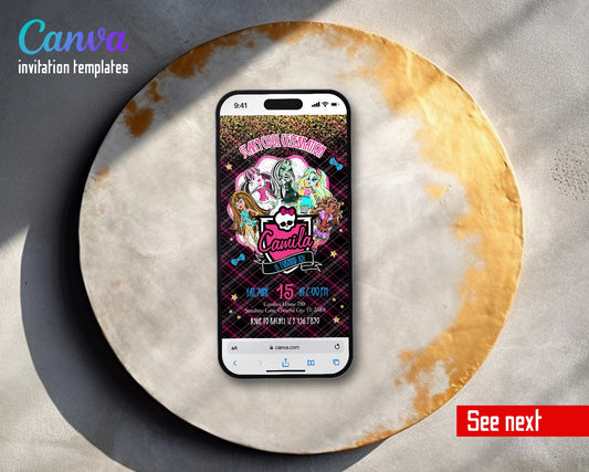 Monster High Glitter Shield Plaid Stars Video Birthday Invitation | Animated Evite | Editable Canva