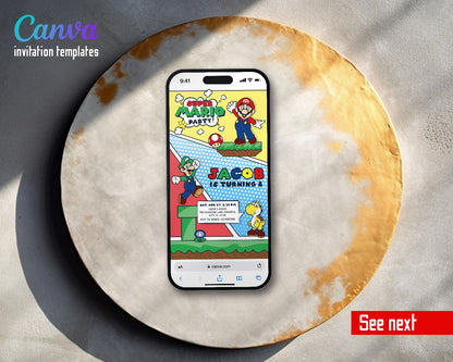Super Mario Bros Comic Pop Art Party Video Birthday Invitation | Animated Evite | Editable Canva