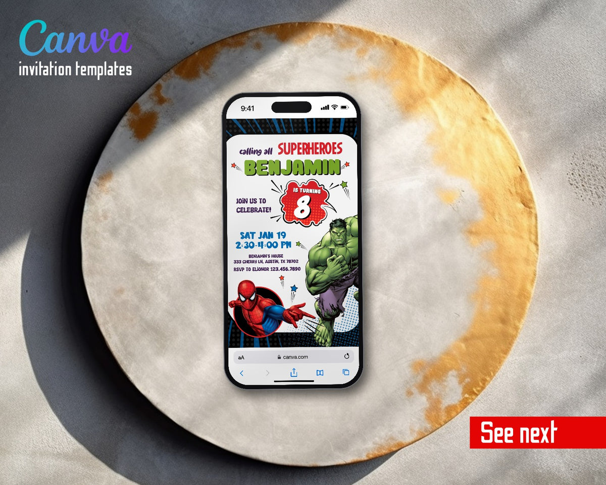 Avengers Hulk Spidey Round Frame Video Birthday Invitation | Animated Evite | Editable Canva