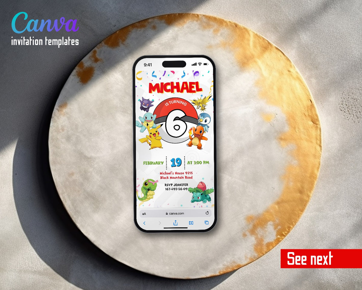 Pokemon Pikachu Pokeball Confetti Ghosts Video Birthday Invitation | Animated Evite | Editable Canva