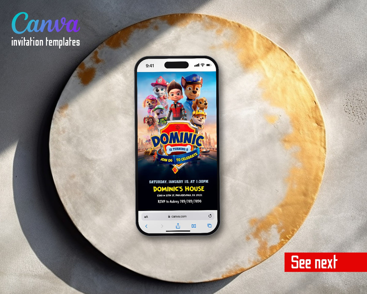 PAW Patrol Movie Poster Shield Video Birthday Invitation | Animated Evite | Editable Canva
