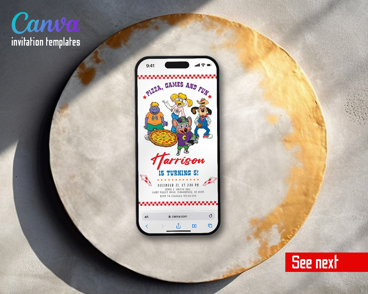 Chuck E. Cheese Checkered Pizza Gang Video Birthday Invitation | Animated Evite | Editable Canva