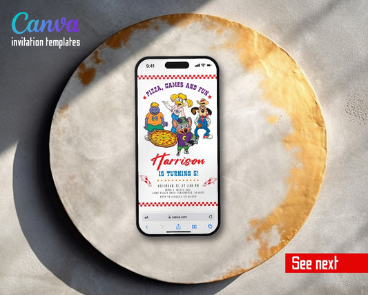 Chuck E. Cheese Checkered Pizza Gang Video Birthday Invitation | Animated Evite | Editable Canva