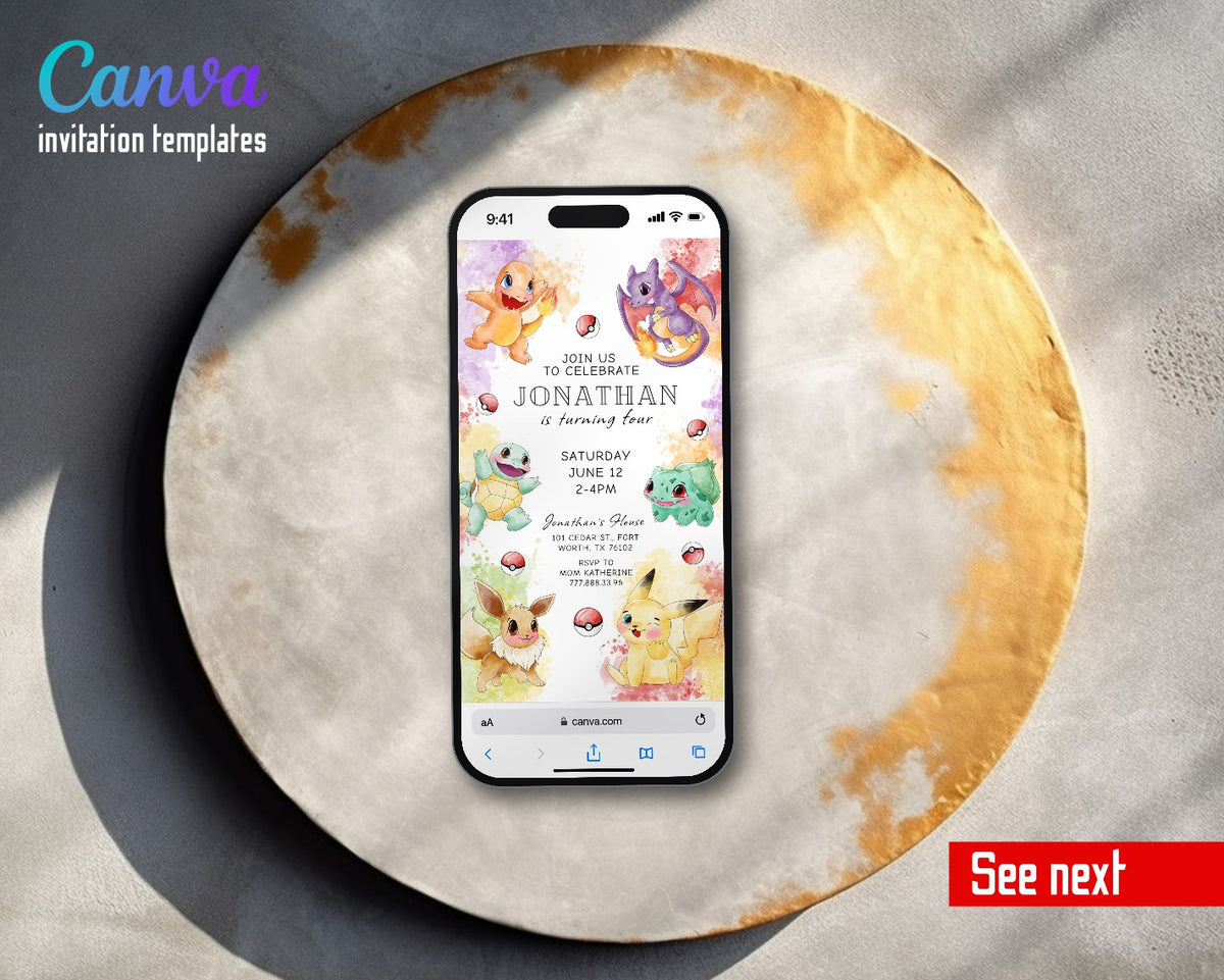 Pokemon Pikachu Rainbow Watercolor Starters Video Birthday Invitation | Animated Evite | Editable Canva