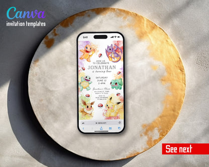 Pokemon Pikachu Rainbow Watercolor Starters Video Birthday Invitation | Animated Evite | Editable Canva