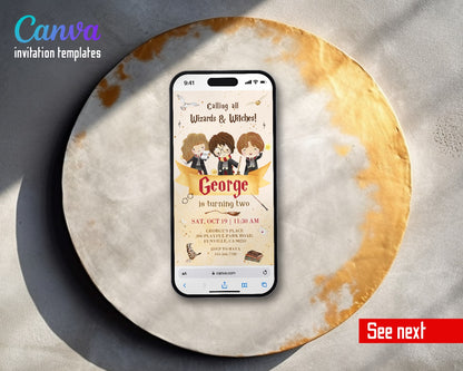 Harry Potter Chibi Trio Gold Banner Video Birthday Invitation | Animated Evite | Editable Canva