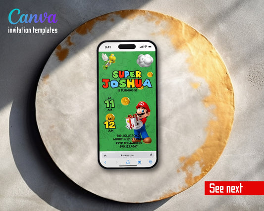 Super Mario Bros Green Gift Coins Video Birthday Invitation | Animated Evite | Editable Canva