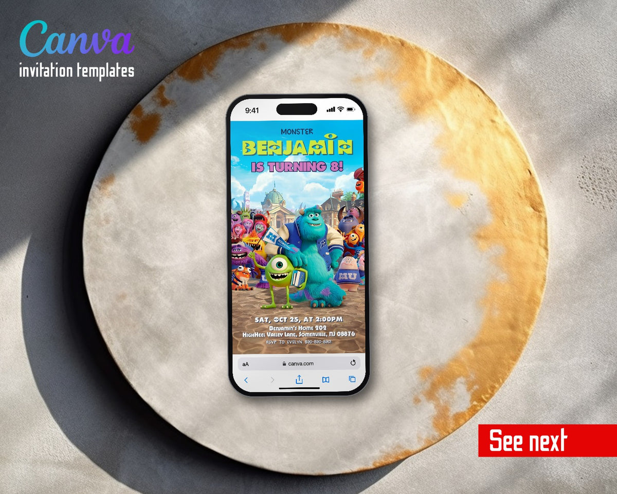 Monsters, Inc. University Monsters Campus Video Birthday Invitation | Animated Evite | Editable Canva