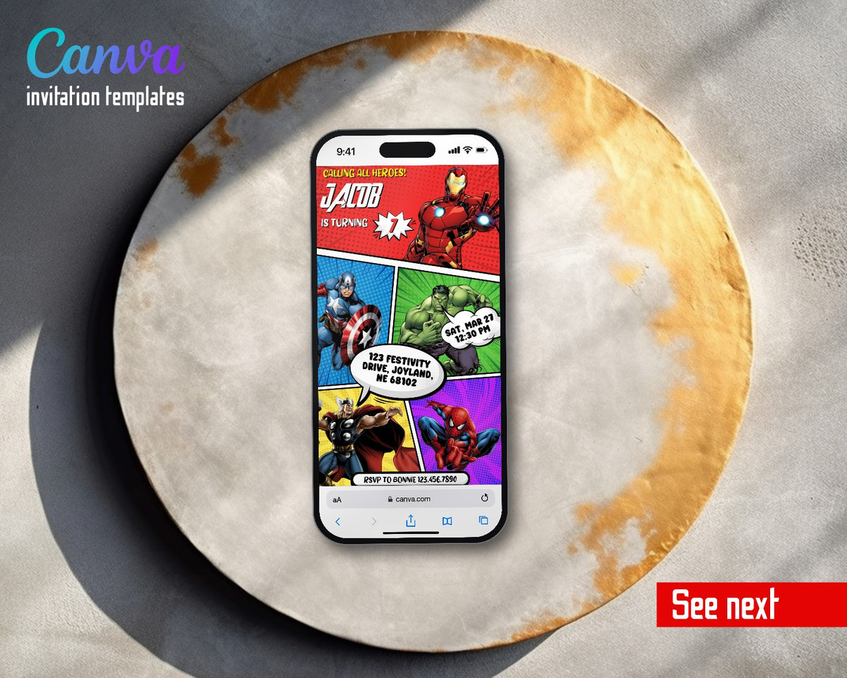 Avengers Four Color Hero Panels Video Birthday Invitation | Animated Evite | Editable Canva