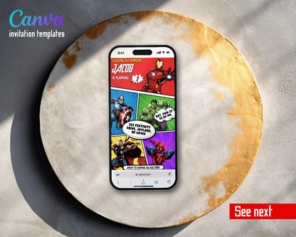 Avengers Four Color Hero Panels Video Birthday Invitation | Animated Evite | Editable Canva