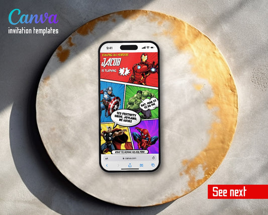 Avengers Four Color Hero Panels Video Birthday Invitation | Animated Evite | Editable Canva