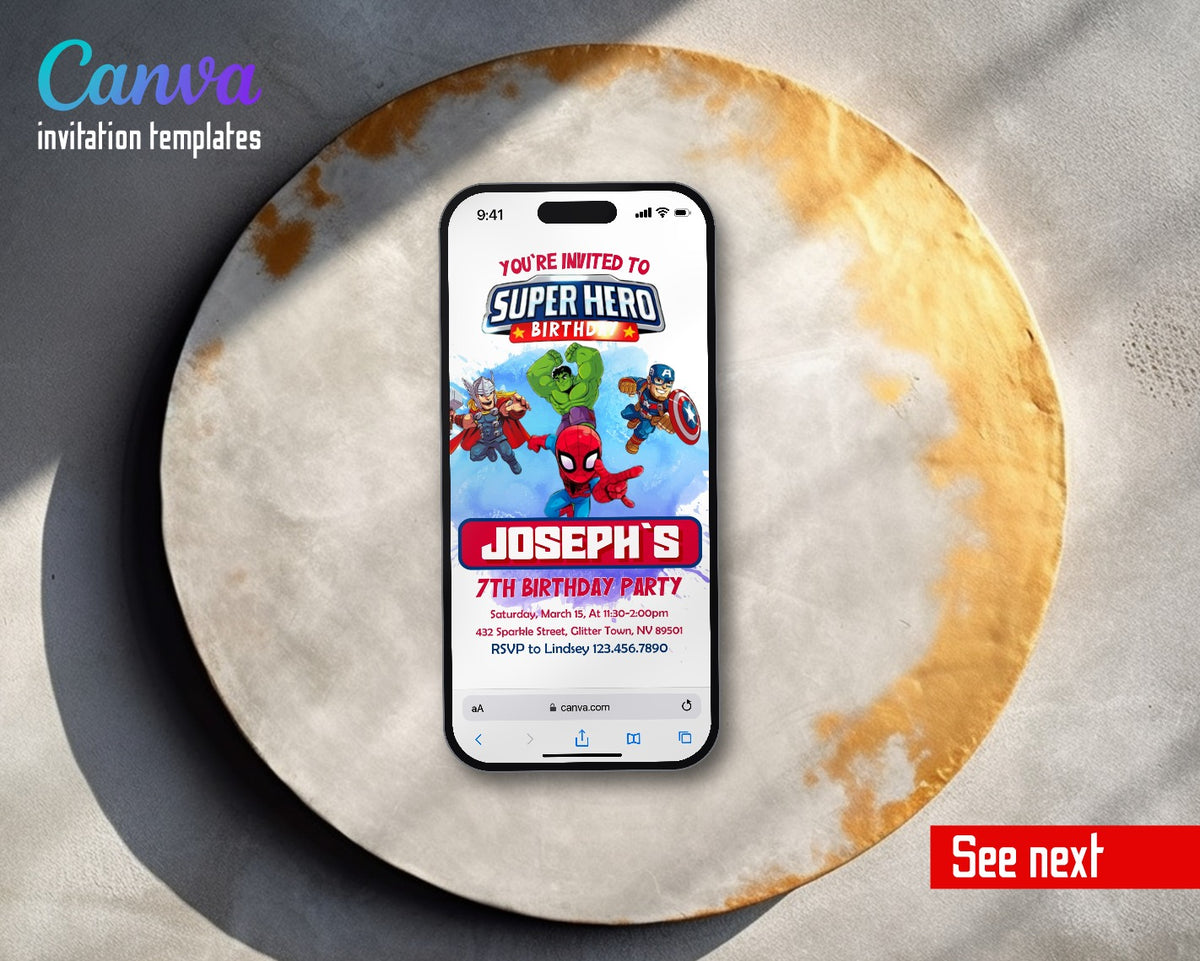 Avengers Chibi Heroes Blue Banner Video Birthday Invitation | Animated Evite | Editable Canva