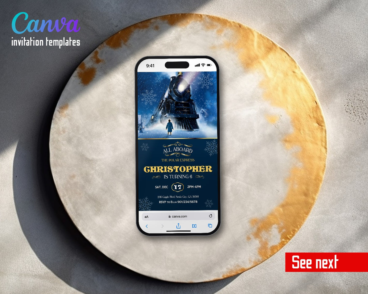 The Polar Express christmas Train Night Video Birthday Invitation | Animated Evite | Editable Canva