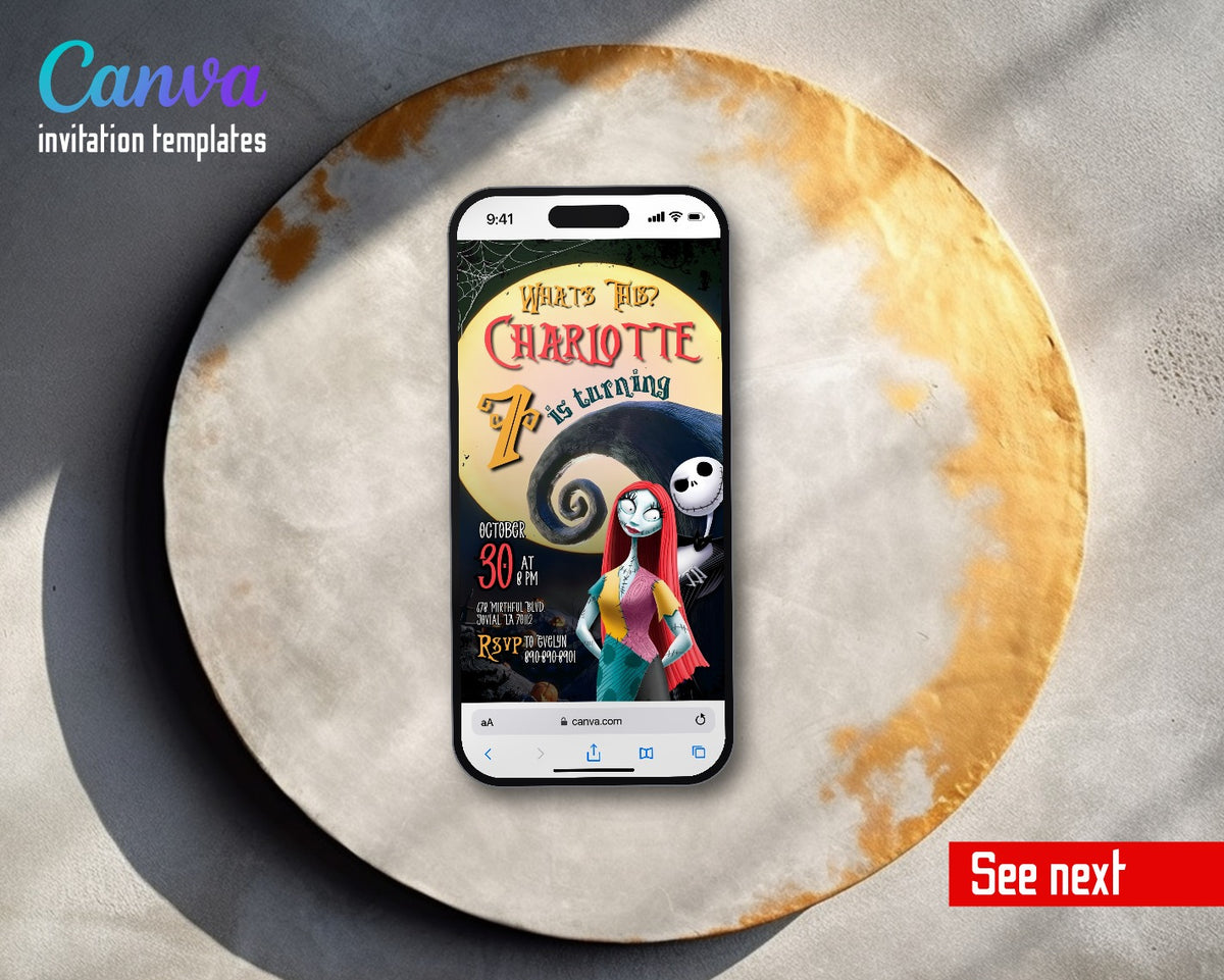 The Nightmare Before Christmas Halloween Yellow Moon Sally Portrait Video Birthday Invitation | Animated Evite | Editable Canva