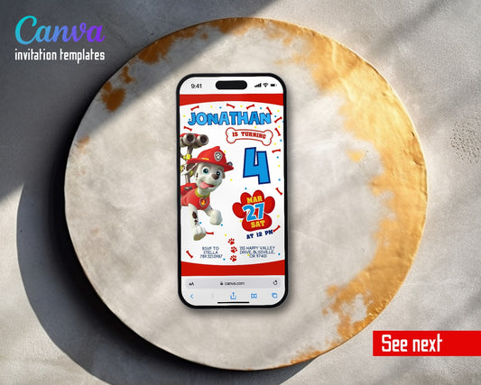 PAW Patrol Marshall Print Date Video Birthday Invitation | Animated Evite | Editable Canva