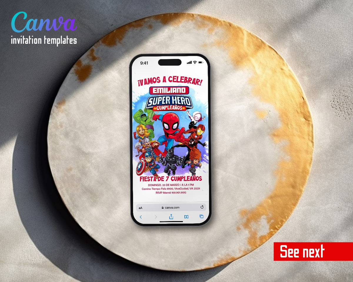 Avengers Chibi Heroes Spanish Video Birthday Invitation | Animated Evite | Editable Canva