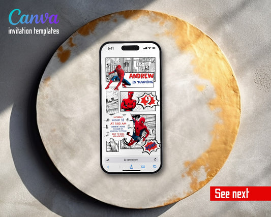 Spiderman Marvel Superhero Comic Panels Spidey Pow Video Birthday Invitation | Animated Evite | Editable Canva