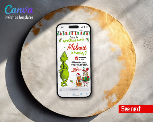 The Grinch Merry Grinchmas Christmas Lights Candy Canes Video Birthday Invitation | Animated Evite | Editable Canva