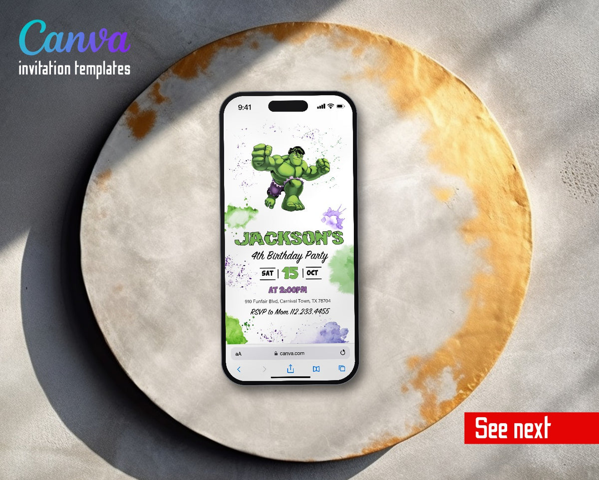 Hulk Watercolor Splash Video Birthday Invitation | Animated Evite | Editable Canva