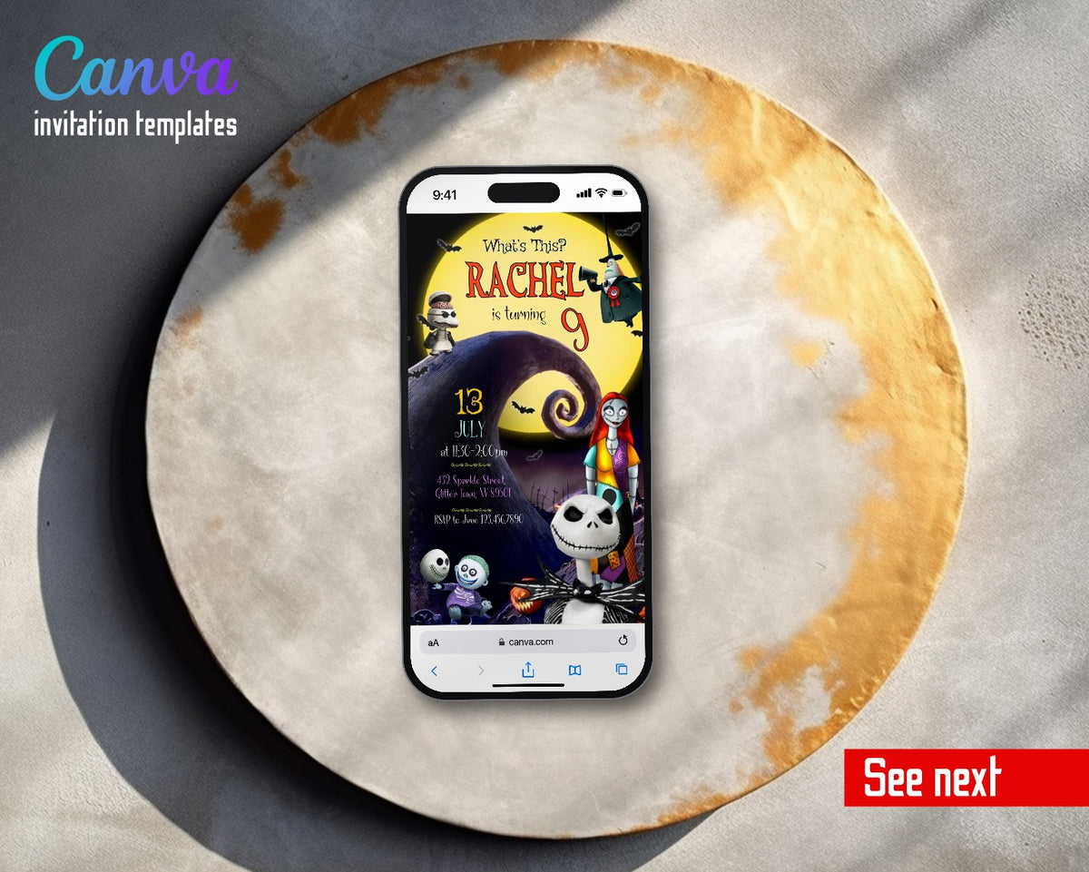 The Nightmare Before Christmas Halloween Moon Hill Jack Close Up Video Birthday Invitation | Animated Evite | Editable Canva